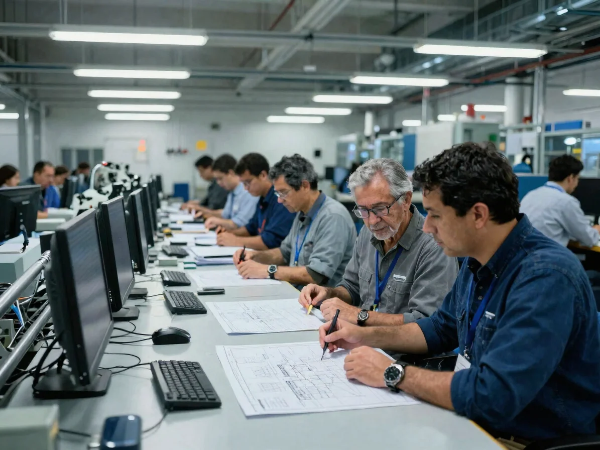 Ingenieros revisando planos de ingeniería ambiental en una mesa d