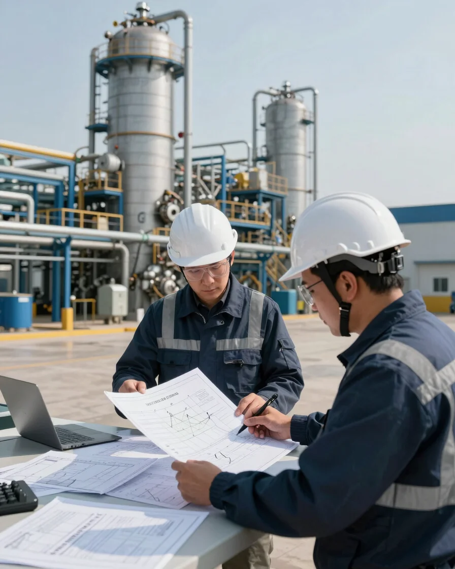 Ingeniero de Gesing analizando planos de ingeniería ambiental en una planta industrial, con equipos de protección person