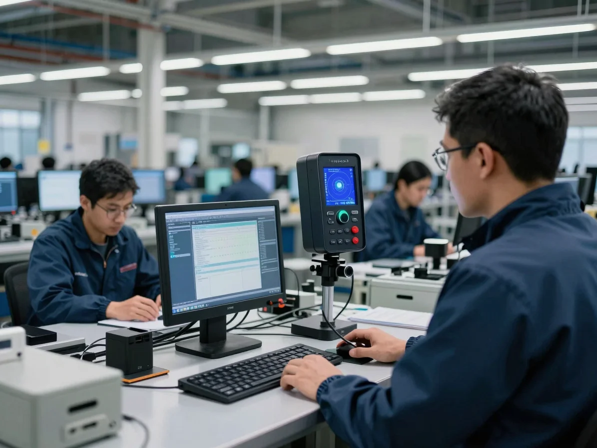 Técnico con sonómetro y luxómetro en planta industrial, con equip