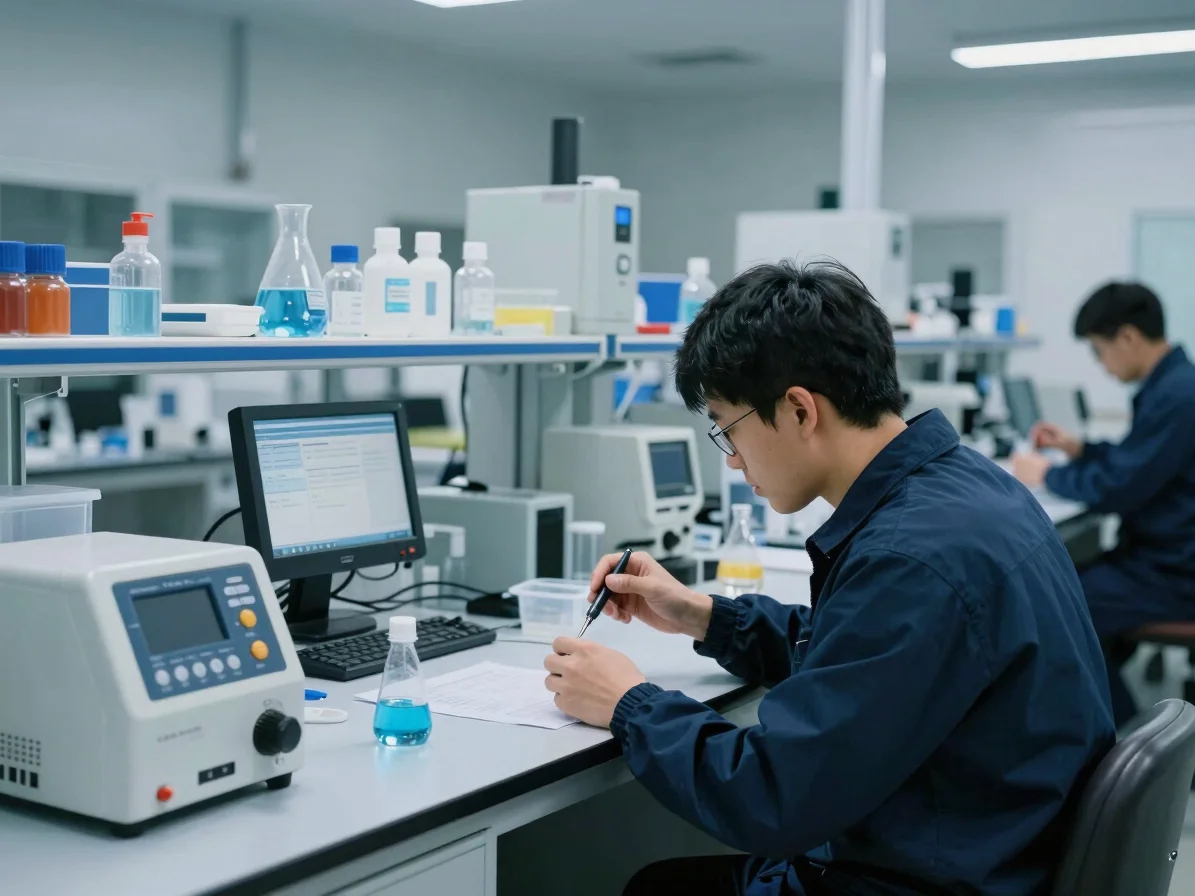 Equipo de laboratorio tomando muestras de agua industrial para an
