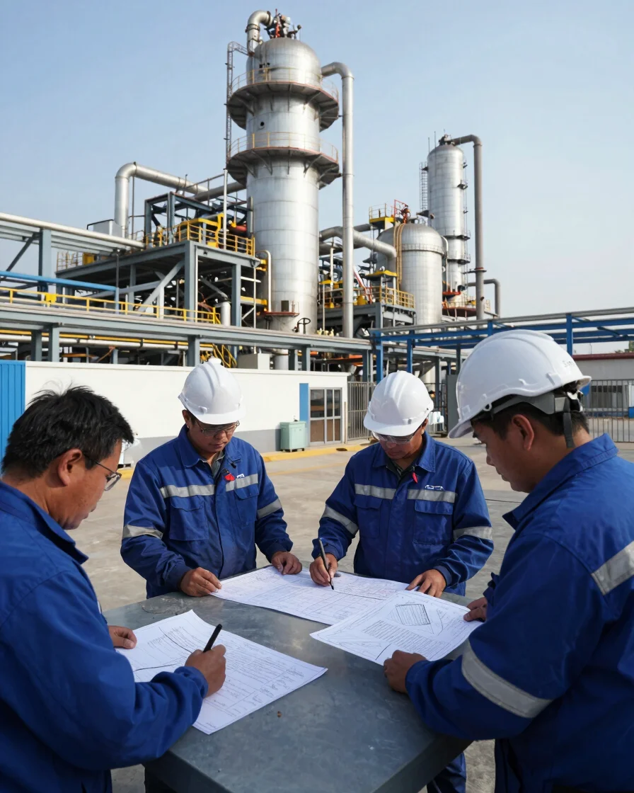 Ingenieros analizando planos de ingeniería ambiental en una planta industrial, con equipos de protección personal, luz d